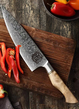 Cutit de Bucatar 20 cm din Otel Damasc cu Maner Burl Wood