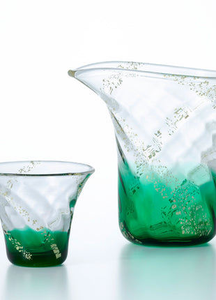 Set Sake Lucrat Manual din Sticla Japoneza „Hekisui” (Verde Smarald)