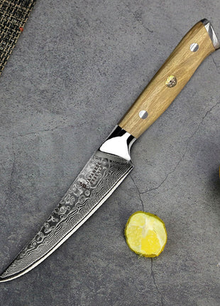 Set 4 Cutite de Steak 12 cm din Otel Damasc cu Manere din Lemn de Maslin