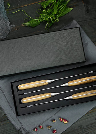 Set 4 Cutite de Steak 12 cm din Otel Damasc cu Manere din Lemn de Maslin