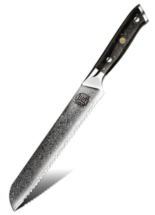 Cutit pentru Paine 21 cm din Otel Damasc cu Maner Aspect de Fibra de Carbon si Folie Aurie