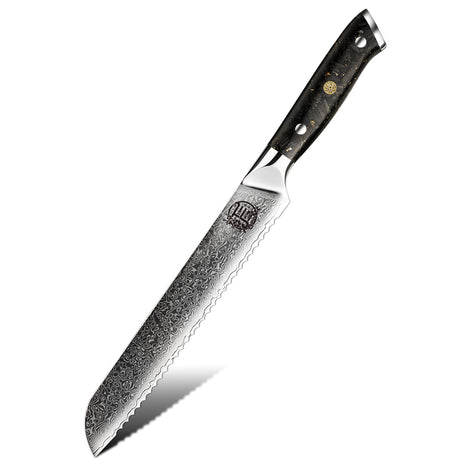 Cutit pentru Paine 21 cm din Otel Damasc cu Maner Aspect de Fibra de Carbon si Folie Aurie