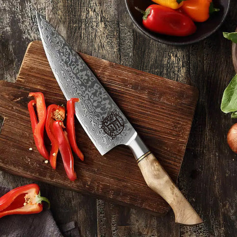 Cutit de Bucatar 20 cm din Otel Damasc cu Maner Burl Wood