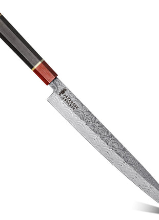 Cutit pentru Feliere Sashimi 26.8 cm din Otel Damasc 110 Straturi Dual Core cu Maner Lemn Rosewood si Abanos