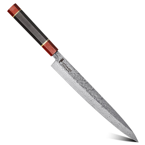 Cutit pentru Feliere Sashimi 26.8 cm din Otel Damasc 110 Straturi Dual Core cu Maner Lemn Rosewood si Abanos
