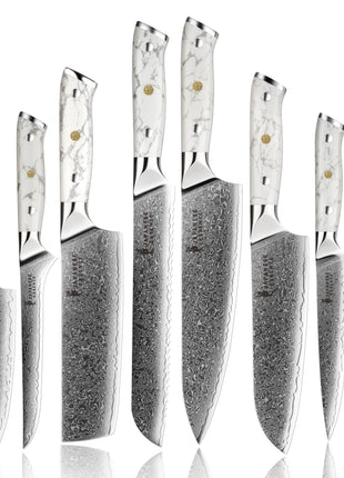 Set de 8 Cutite Premium Damascus cu Manere Imperial White