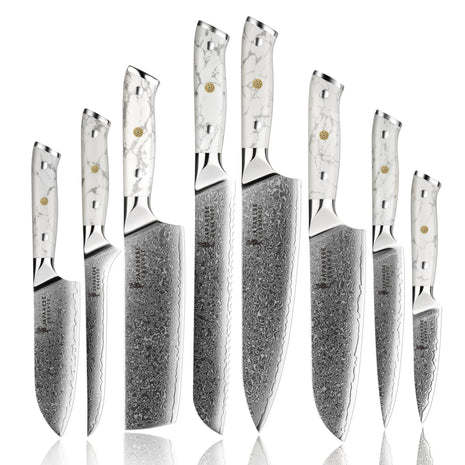 Set de 8 Cutite Premium Damascus cu Manere Imperial White