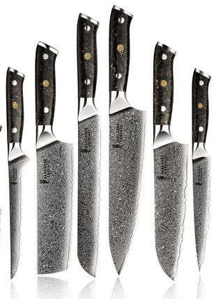 Set de 8 Cutite Premium Damascus cu Manere cu Aspect de Fibra de Carbon și Folie Aurie