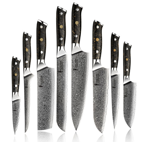 Set de 8 Cutite Premium Damascus cu Manere cu Aspect de Fibra de Carbon și Folie Aurie