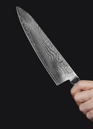 Cutit de Bucatar 21 cm din Otel Damasc cu Maner Pakkawood Natural