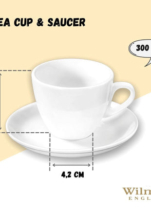 Set 6 Cani pentru Ceai cu Farfurioara din Portelan Fin, 300 ml