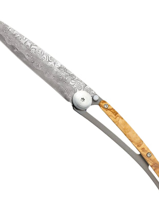 Briceag Ultra-Light 37g, Otel Damascus 88 Straturi, Maner din Lemn de Maslin, 9.5 cm