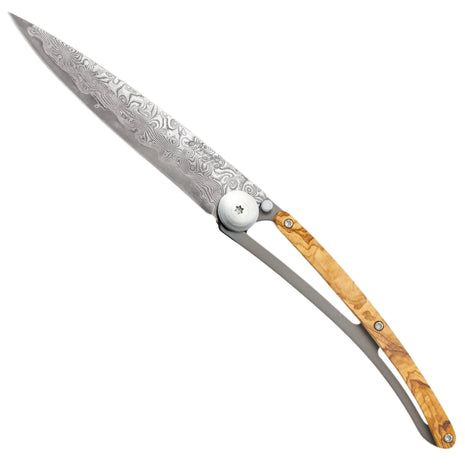 Briceag Ultra-Light 37g, Otel Damascus 88 Straturi, Maner din Lemn de Maslin, 9.5 cm