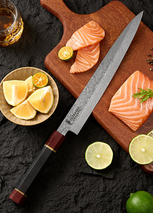 Cutit pentru Feliere Sashimi 26.8 cm din Otel Damasc 110 Straturi Dual Core cu Maner Lemn Rosewood si Abanos