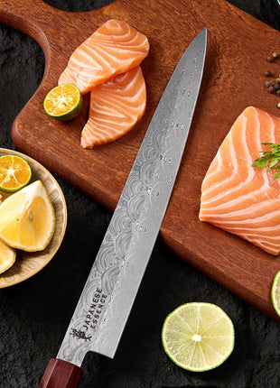 Cutit pentru Feliere Sashimi 26.8 cm din Otel Damasc 110 Straturi Dual Core cu Maner Lemn Rosewood si Abanos