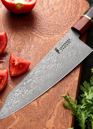 Cutit Kiritsuke 20 cm din Otel Damasc 110 Straturi Dual Core cu Maner Lemn Rosewood si Abanos