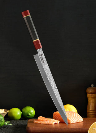 Cutit pentru Feliere Sashimi 26.8 cm din Otel Damasc 110 Straturi Dual Core cu Maner Lemn Rosewood si Abanos