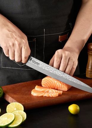 Cutit pentru Feliere Sashimi 26.8 cm din Otel Damasc 110 Straturi Dual Core cu Maner Lemn Rosewood si Abanos