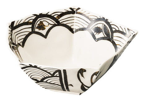 Bol Japonez din Portelan, Model Geometric Negru cu Accente Aurii, 16 cm