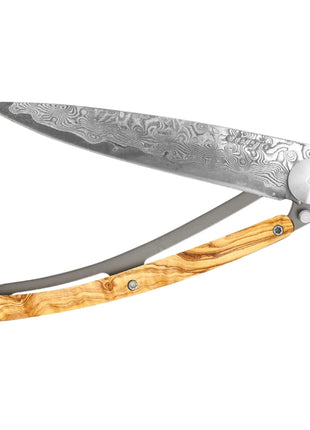 Briceag Ultra-Light 37g, Otel Damascus 88 Straturi, Maner din Lemn de Maslin, 9.5 cm
