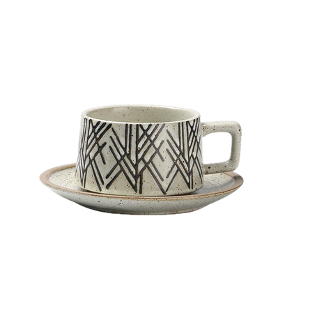 Set Ceasca Cafea cu Farfurioara, Alb cu Model Geometric, 220 ml