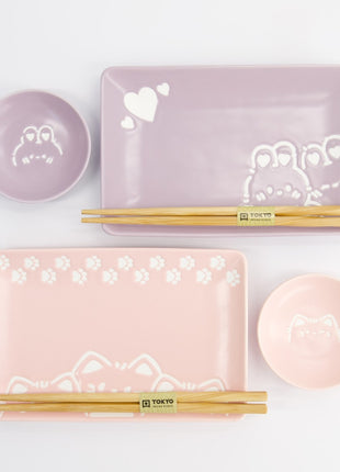 Set Sushi Kawaii Rabbit & Cat, 6 Piese, Portelan, Roz si Mov