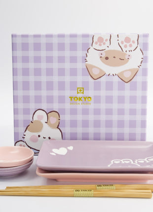 Set Sushi Kawaii Rabbit & Cat, 6 Piese, Portelan, Roz si Mov