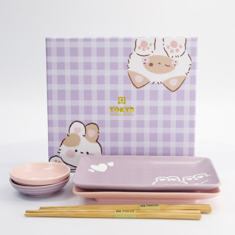 Set Sushi Kawaii Rabbit & Cat, 6 Piese, Portelan, Roz si Mov