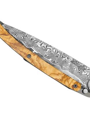 Briceag Ultra-Light 37g, Otel Damascus 88 Straturi, Maner din Lemn de Maslin, 9.5 cm