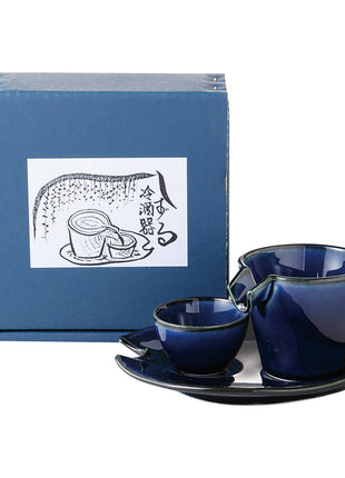Set Sake Japonez, Glazura Bleumarin Lucios, 3 Piese, Carafa, Paharel, Farfurioara