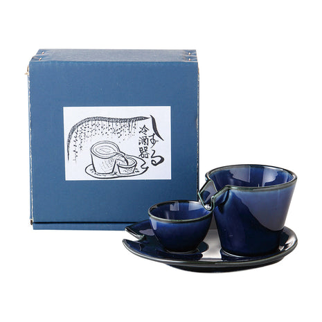Set Sake Japonez, Glazura Bleumarin Lucios, 3 Piese, Carafa, Paharel, Farfurioara