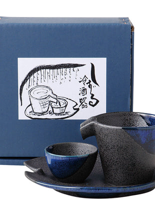 Set Sake Japonez, Glazura Negru-Albastru Texturat, 3 Piese, Carafa, Paharel, Farfurioara