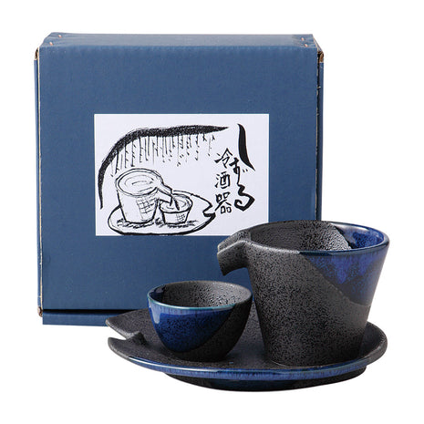 Set Sake Japonez, Glazura Negru-Albastru Texturat, 3 Piese, Carafa, Paharel, Farfurioara