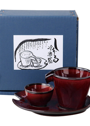 Set Sake Japonez, Glazura Rosu-Lac Lucios, 3 Piese, Carafa, Paharel, Farfurioara
