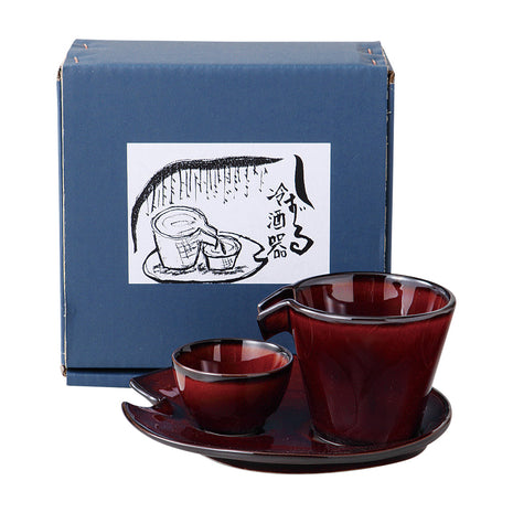 Set Sake Japonez, Glazura Rosu-Lac Lucios, 3 Piese, Carafa, Paharel, Farfurioara