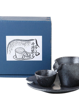Set Sake Japonez, Finisaj Negru Argintiu Texturat, 3 Piese, Carafa, Paharel, Farfurioara