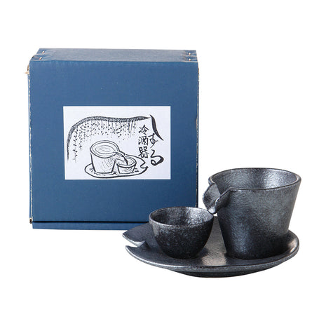 Set Sake Japonez, Finisaj Negru Argintiu Texturat, 3 Piese, Carafa, Paharel, Farfurioara