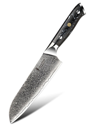 Cutit Santoku 18 cm din Otel Damasc cu Maner Negru Turcoaz
