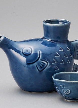 Set Japonez pentru Sake, Model Peste Fugu, Albastru