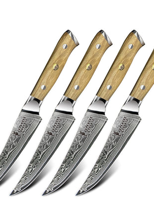 Set 4 Cutite de Steak 12 cm din Otel Damasc cu Manere din Lemn de Maslin