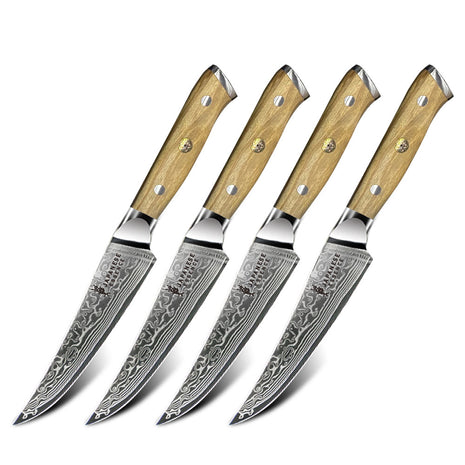 Set 4 Cutite de Steak 12 cm din Otel Damasc cu Manere din Lemn de Maslin