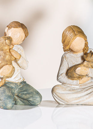 Set Figurine Decorative Copii cu Catel, Rasina Sintetica