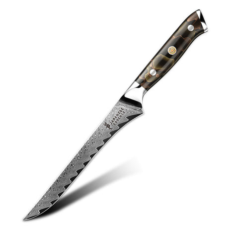 Cutit de Dezosat 15 cm din Otel Damasc cu Maner din Rasina si model Cupru