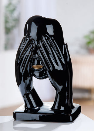 Figurina Decorativa Chip cu Mainile la Ochi, Ceramica, Negru
