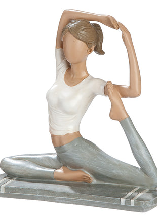 Figurina Decorativa Hannah, Yoga cu Picior Intins, Rasina Sintetica, Alb si Gri Deschis