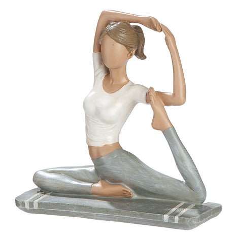 Figurina Decorativa Hannah, Yoga cu Picior Intins, Rasina Sintetica, Alb si Gri Deschis