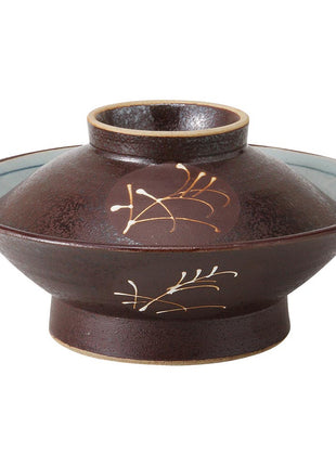 Bol Ceramic Japonez cu Capac, Model Iarba de Pampas, 17 cm