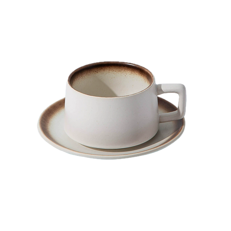 Set Ceasca Cafea cu Farfurioara, Alb Cald cu Maro, 220 ml
