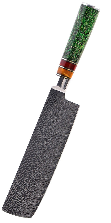 Cutit Nakiri 18 cm din Otel Damasc cu maner coaja de bob verde