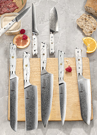 Set de 8 Cutite Premium Damascus cu Manere Imperial White